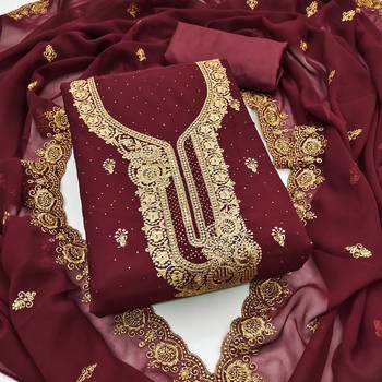 Women's maroon embroidered georgette dress material 3