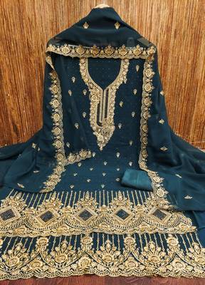 Women's blue embroidered georgette dress material 2