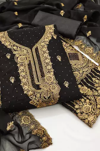 Women's black unstitched embroidered georgette dress material 
