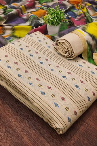 Women's beige unstitched weaving cotton jacquard dress material 