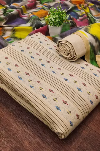 Women's beige unstitched weaving cotton jacquard dress material 