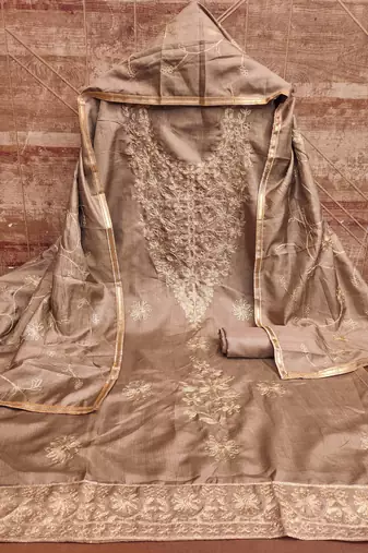 Women's light brown embroidered jalpari silk dress material