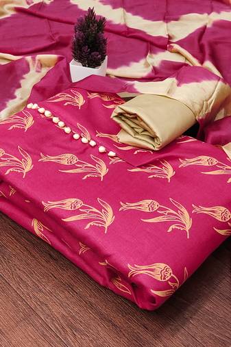 Women's pink unstitched print slub cotton dress material 