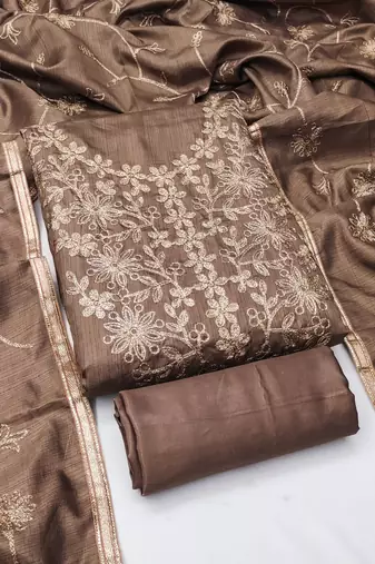 Women's light brown embroidered jalpari silk dress material