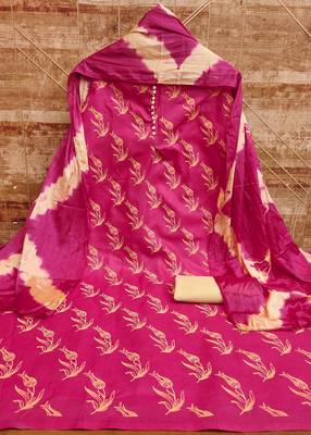 Women's pink print slub cotton dress material 2