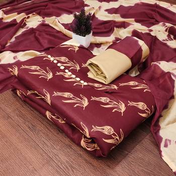 Women's maroon print slub cotton dress material 1