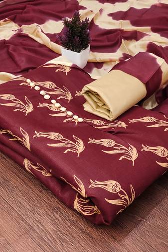 Women's maroon unstitched print slub cotton dress material 