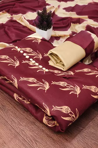 Women's maroon unstitched print slub cotton dress material 