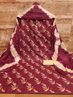 Women's maroon print slub cotton dress material 2