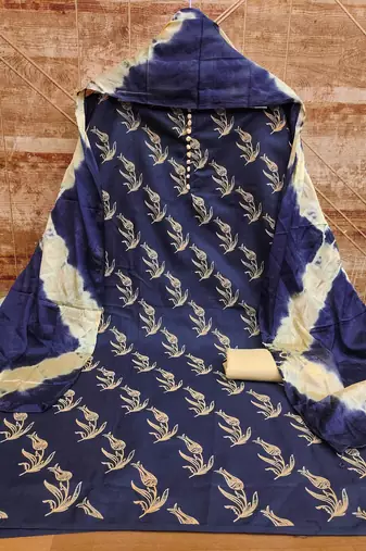 Women's blue print slub cotton dress material