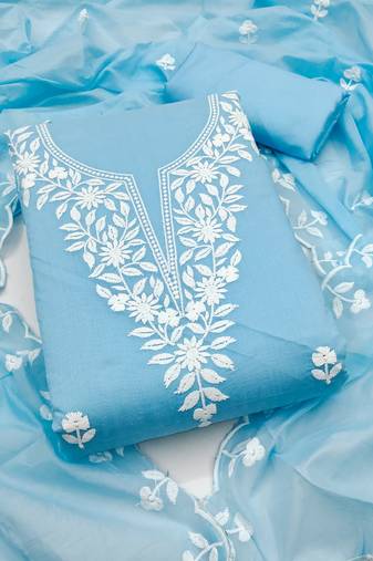 Women's sky blue unstitched embroidered chanderi cotton dress material 