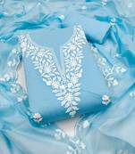 Women's sky blue embroidered chanderi cotton dress material