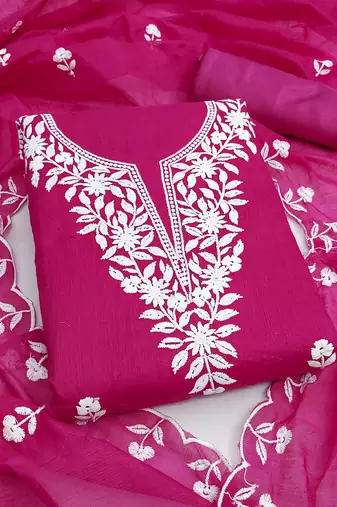 Women's pink unstitched embroidered chanderi cotton dress material 