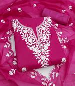 Women's pink unstitched embroidered chanderi cotton dress material