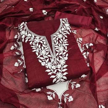Women's maroon embroidered chanderi cotton dress material 1