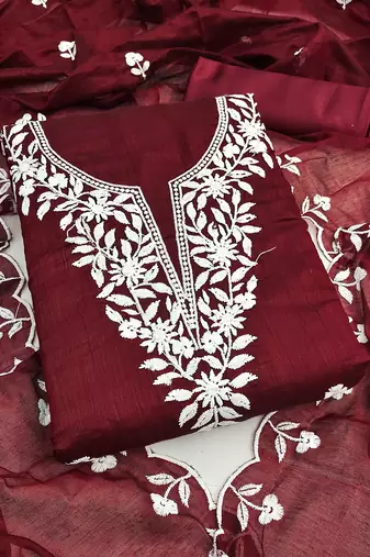 Women's maroon unstitched embroidered chanderi cotton dress material 