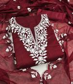 Women's maroon embroidered chanderi cotton dress material