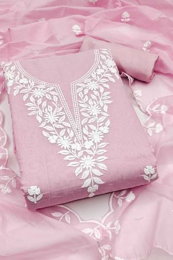Women's baby pink unstitched embroidered chanderi cotton dress material 