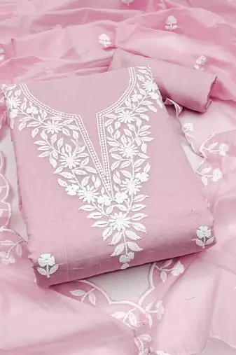 Women's baby pink unstitched embroidered chanderi cotton dress material 