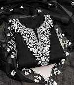Women's black unstitched embroidered chanderi cotton dress material 