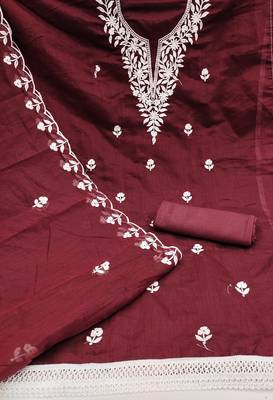 Women's maroon embroidered chanderi cotton dress material 2
