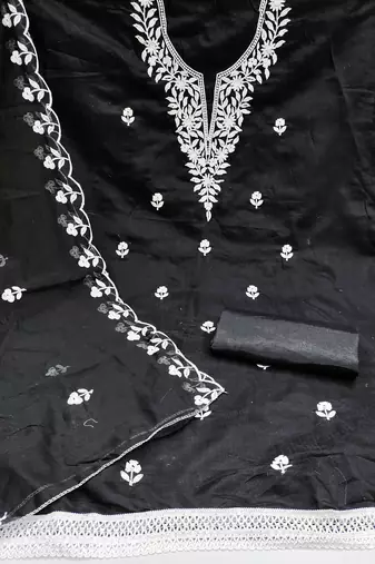 Women's black embroidered chanderi cotton dress material