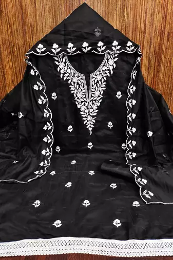 Women's black embroidered chanderi cotton dress material