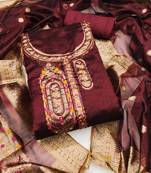 Women's maroon unstitched woven jacquard dress material