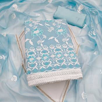 Women's sky blue embroidered chanderi cotton dress material 1