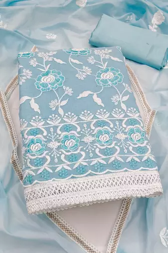 Women's sky blue unstitched embroidered chanderi cotton dress material 