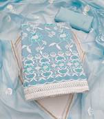 Women's sky blue embroidered chanderi cotton dress material