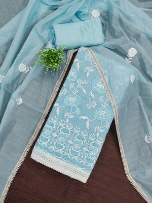 Women's sky blue embroidered chanderi cotton dress material 2
