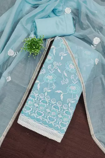 Women's sky blue embroidered chanderi cotton dress material