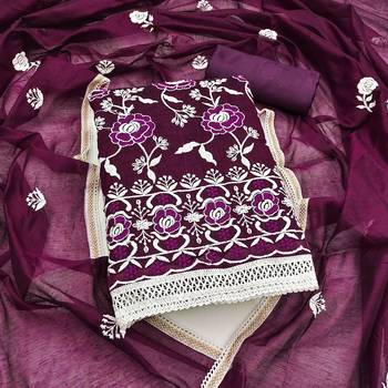Women's purple embroidered chanderi cotton dress material 1
