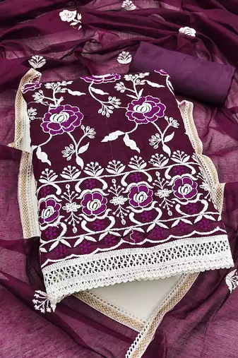 Women's purple unstitched embroidered chanderi cotton dress material 