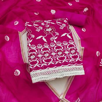 Women's pink embroidered chanderi cotton dress material 1