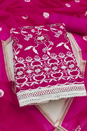 Women's pink unstitched embroidered chanderi cotton dress material 