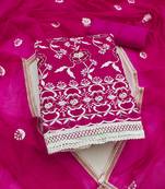 Women's pink unstitched embroidered chanderi cotton dress material