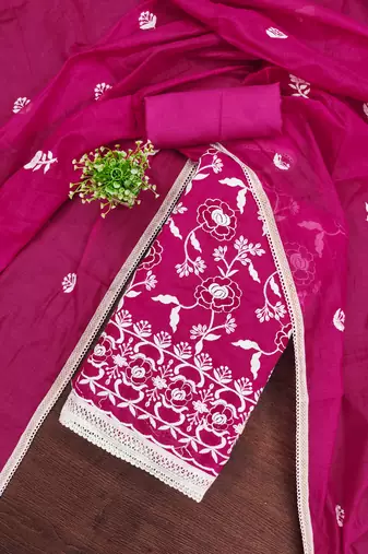 Women's pink embroidered chanderi cotton dress material