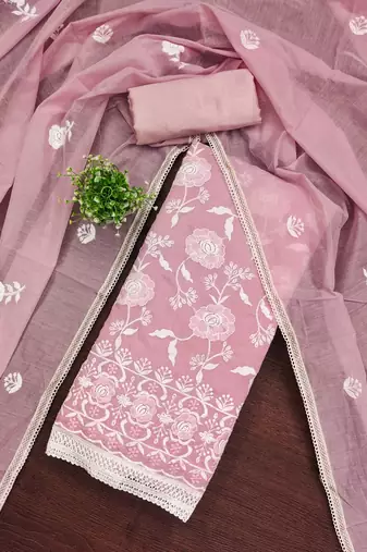 Women's baby pink embroidered chanderi cotton dress material