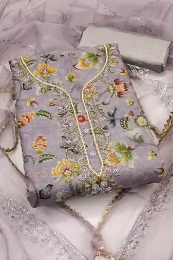 Women's grey unstitched embroidered organza dress material 