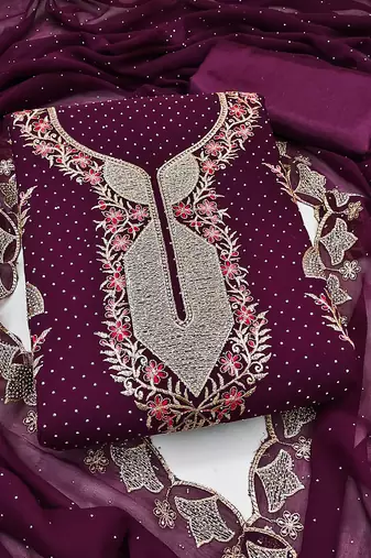 Women's voilet unstitched embroidered georgette dress material 