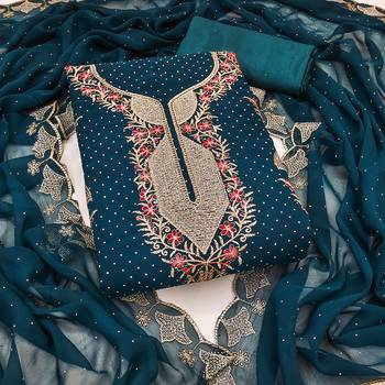 Women's teal blue embroidered georgette dress material 1