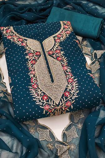Women's teal blue unstitched embroidered georgette dress material 