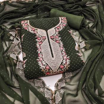 Women's olive green embroidered georgette dress material 1