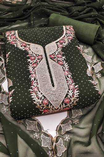 Women's olive green unstitched embroidered georgette dress material 