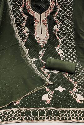 Women's olive green embroidered georgette dress material 2