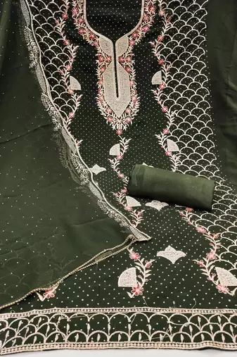 Women's olive green embroidered georgette dress material