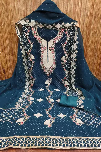 Women's teal blue embroidered georgette dress material