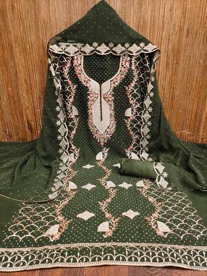 Women's olive green embroidered georgette dress material 3